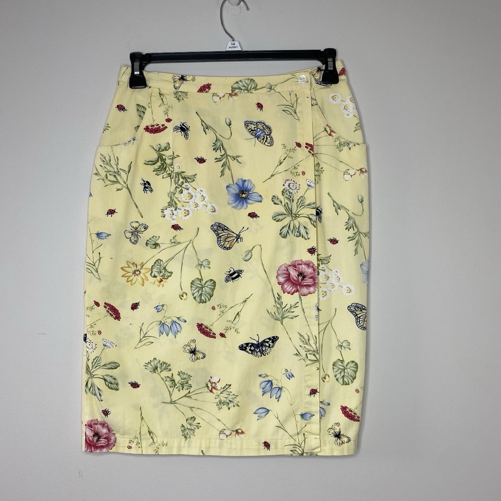 Cedar Creek Faux Wrap Skirt Yellow Floral butterflies Ladybug Print Size 10